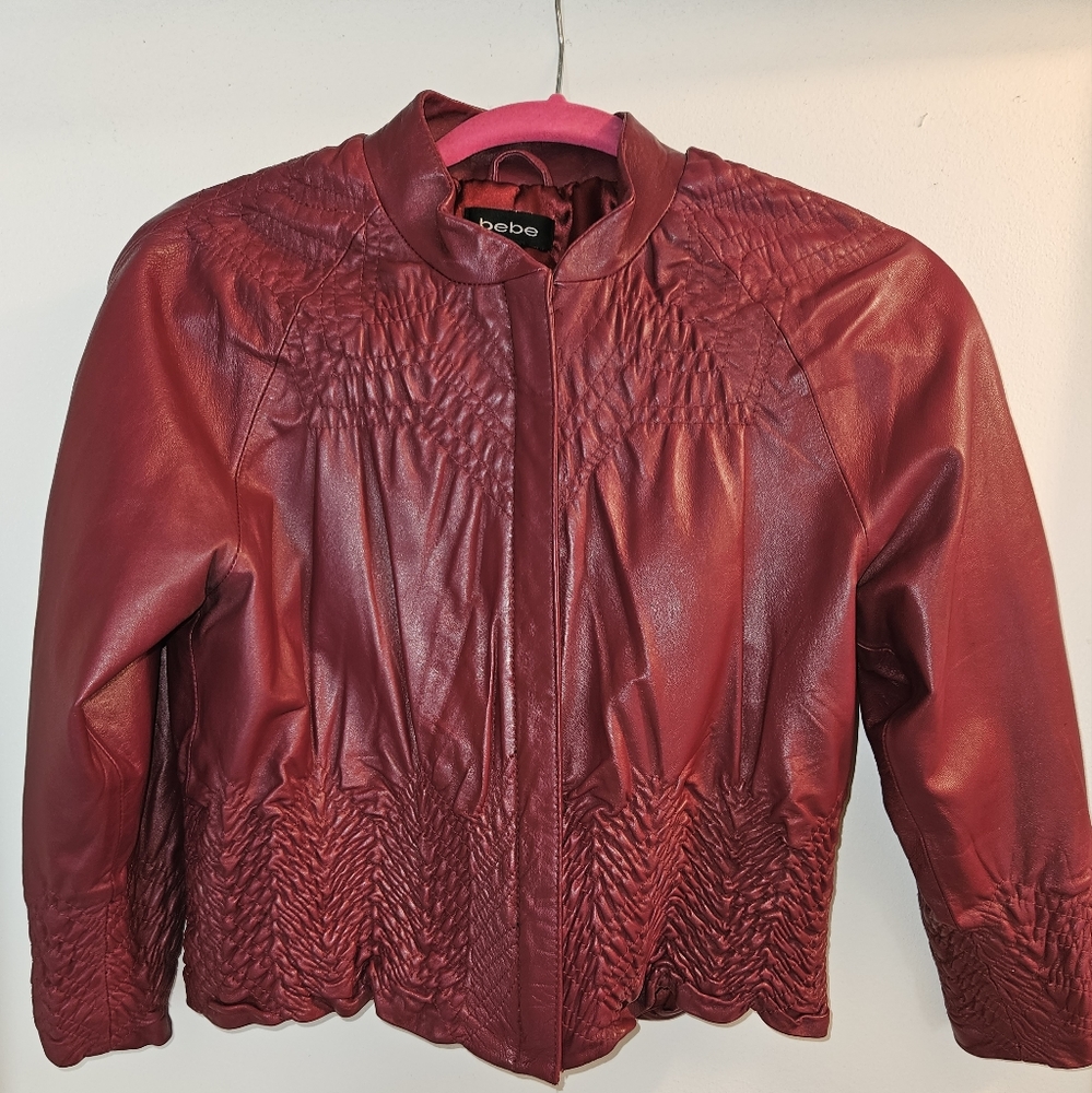 Maroon Crop Leather Jacket by bebe, Size S